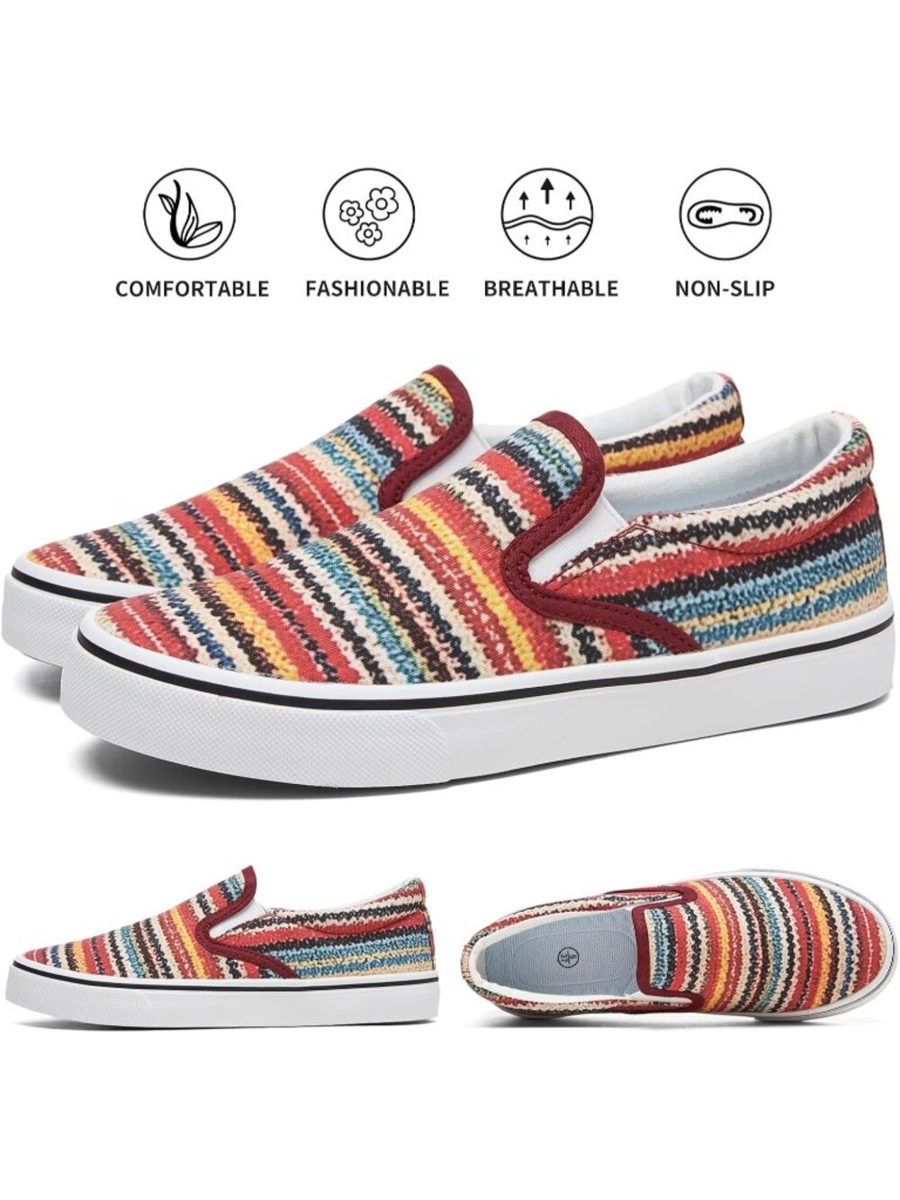 Women Boho Stripe Multi Comfortable Low Top Canvas Slip on Loafer Sneaker Shoes - Picture 5 of 6